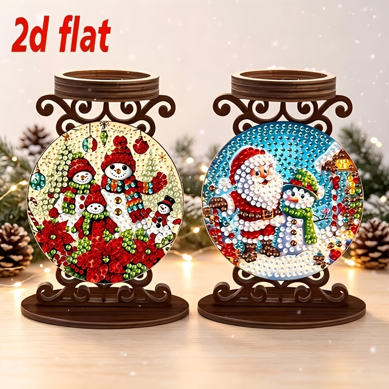 TEMU 2d Flat/2pcs Santa Claus And Snowman Pattern Diamond Painting Candle Holder Set, Double-sided Irregular-shaped Wooden Crystal Inlaid Mosaic Art