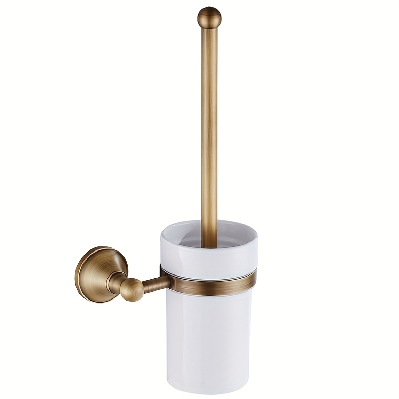 Image of Brass European Vintage Bathroom Hanging Set With White Ceramic Cup Cleaning Brush And Toilet Brush Holder