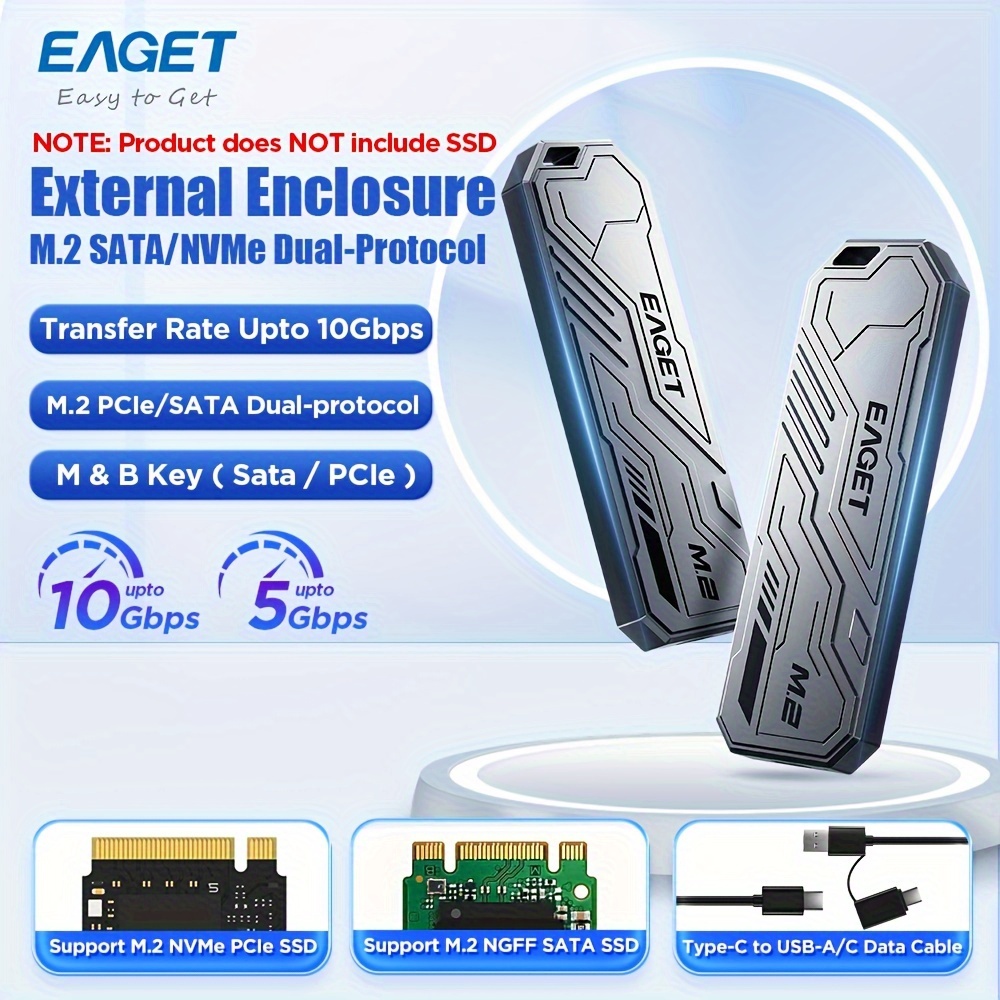 

Eaget External M.2 Sata / Enclosure Adapter: Portable, , Usb 3.2 & Type-c Compatible, Suitable For Ssd Sizes 2230/2242/2260/2280 (ssd Not Included)