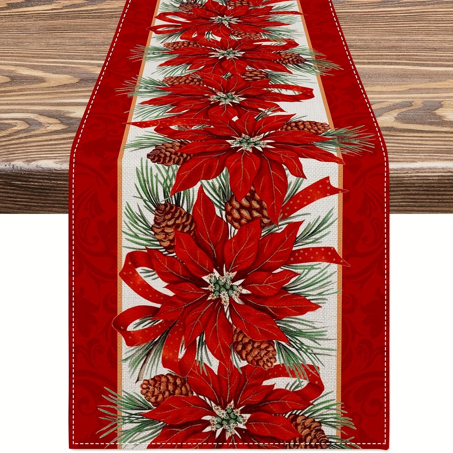 

Vintage Poinsettia Christmas Table Runner - Red Linen, Perfect For Holiday Dining & Farmhouse Decor, Indoor/outdoor Use, Multiple Sizes Available