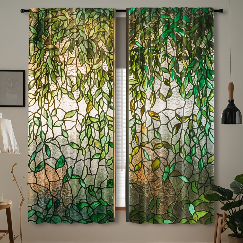 

2pcs Plant-themed Stained Glass Window Curtains, Semi-transparent Polyester, Ideal For Home Decor In Bedrooms, Living Rooms, Offices, And Kitchens, Studies