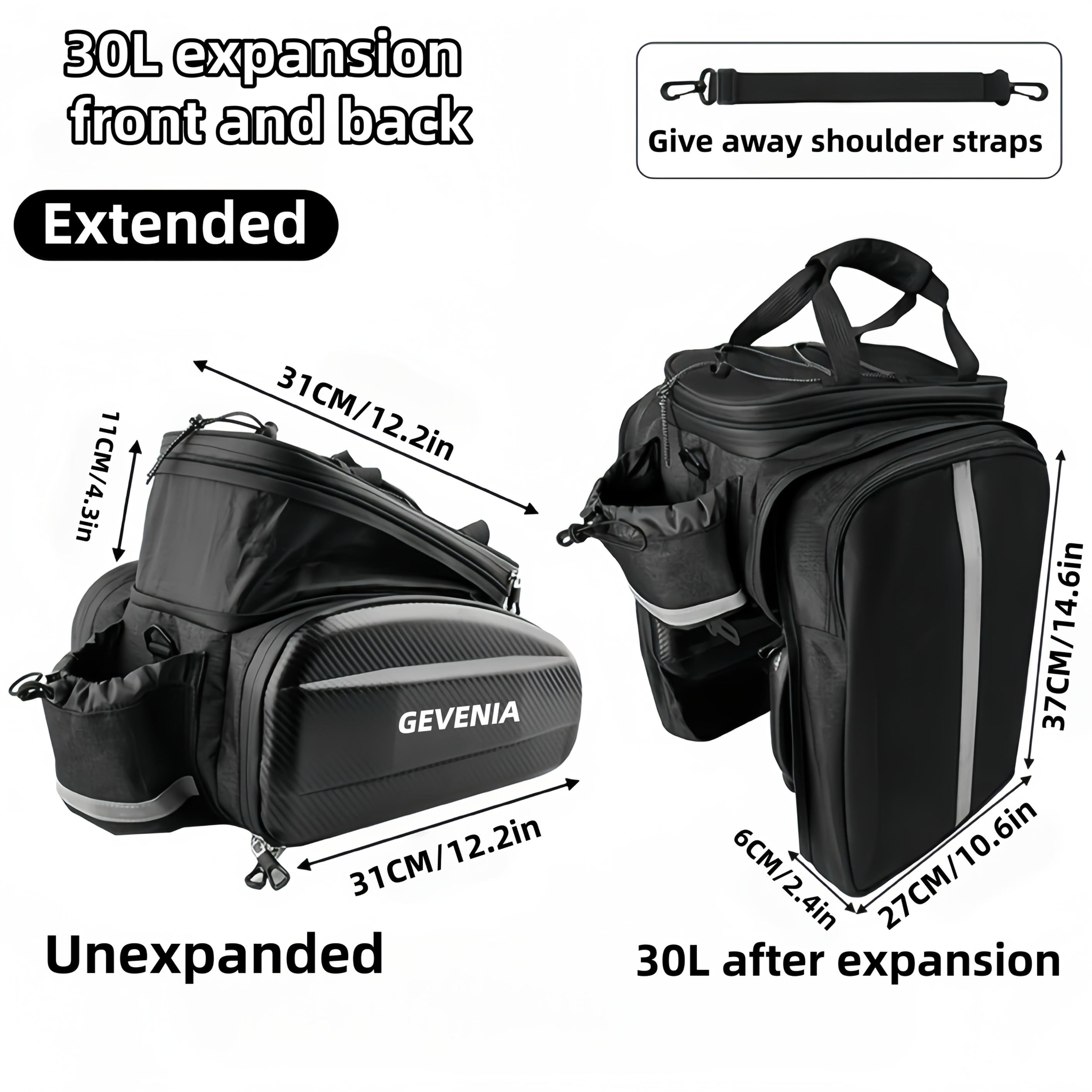 TEMU Gevenia Bicycle Rear Bag, 17l/30l Expandable Carbon Pattern Hard Shell Bike Trunk Bag-multi-functional Bike Storage Bag (convertible To Shoulder