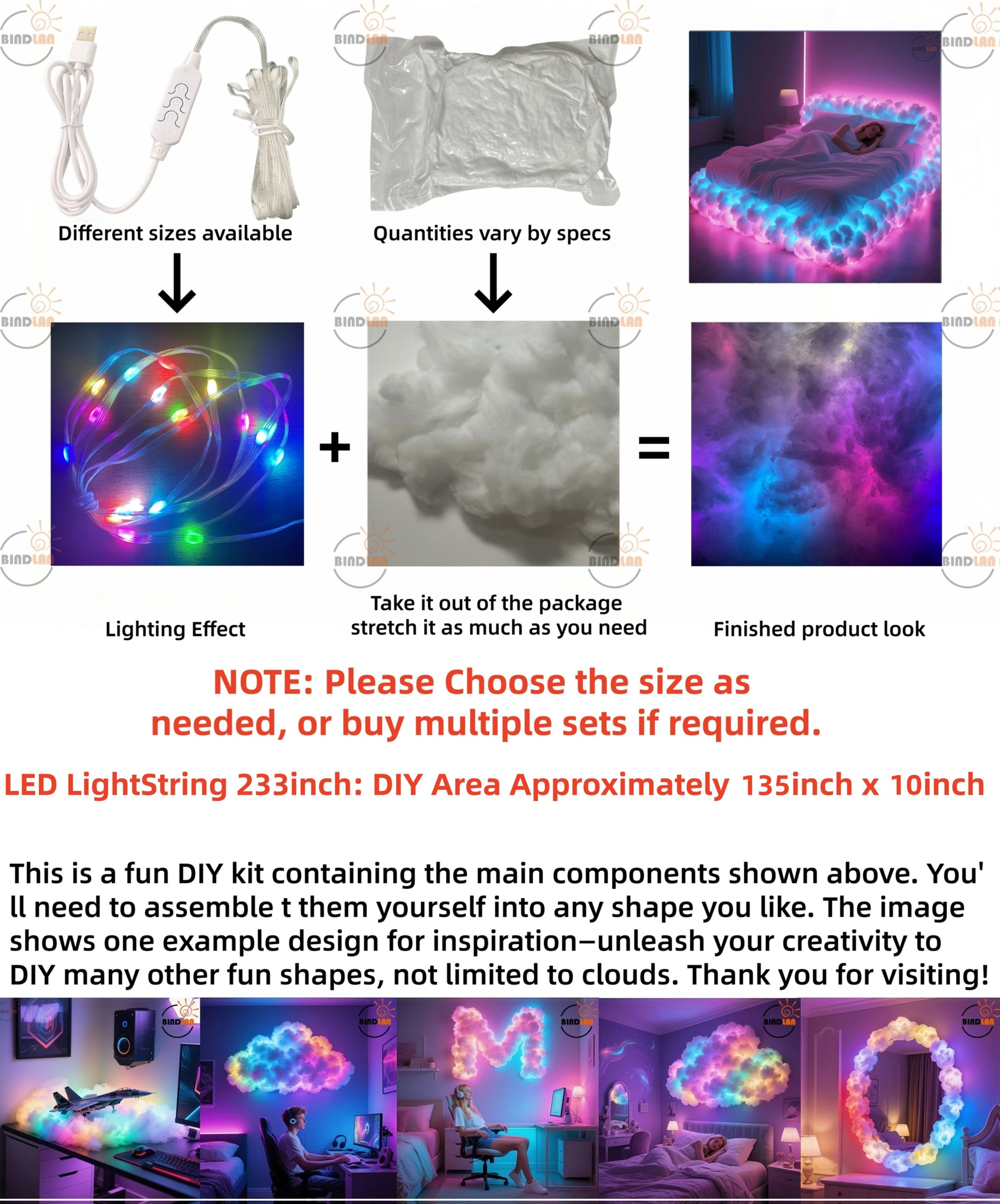 RGB 3D Cloud Lamp, 5.92meter LED String Lights | USB Powered, Thunder Cloud Shape Night Light, Music Sync, Multi-color Bed Frame Decor Light, Ideal for Bedroom, Game Room, Birthday Parties & Christmas to Create Cozy Ambiance, Wall/Ceiling Light.