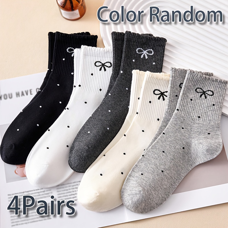 4 Pairs Color Random Dot Pattern New Socks, Bow Embroidery Socks, Cute Bowknot Socks For Daily Wear