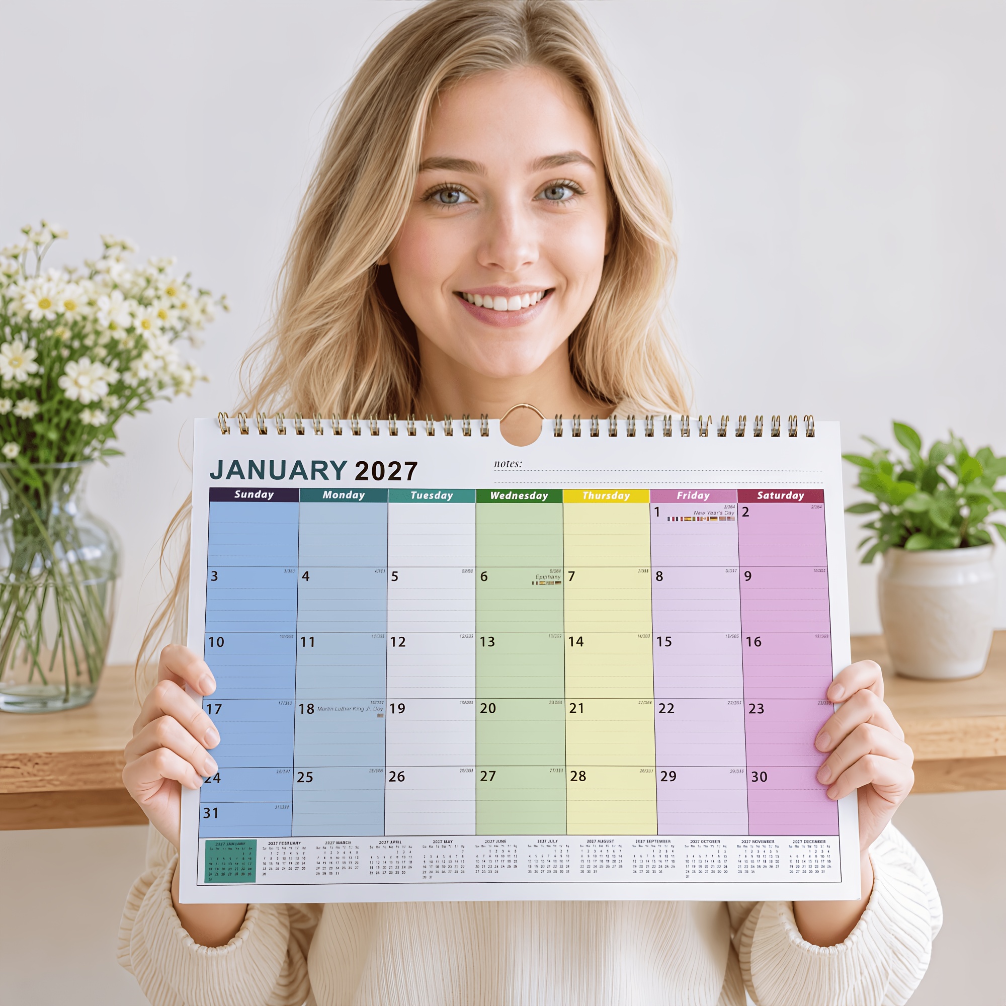 TEMU 1pc Gradient Calendar, 2027 To 2028, 18 Months, 11.8 X 8.6 Inches, Golden Double Wire Coil, Large , Premium Thick Paper Non-bleed Writing, Clear