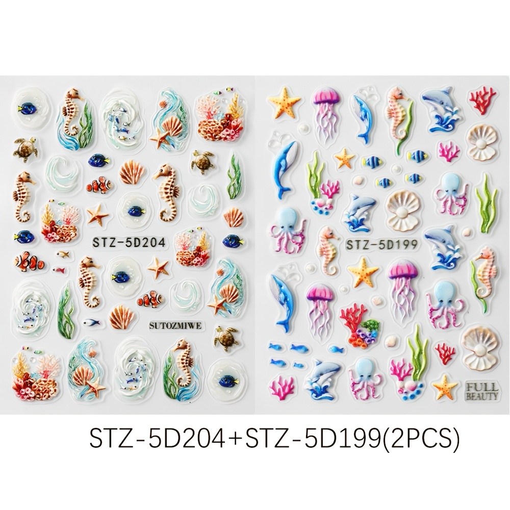 Image of 2 Sheets 5d Embossed Ocean Nail Stickers, Self-adhesive Nail Decals With Seahorse, Starfish, Jellyfish, Dolphin & Coral, Nail Art Decorations (stz-5d204+stz-5d199)