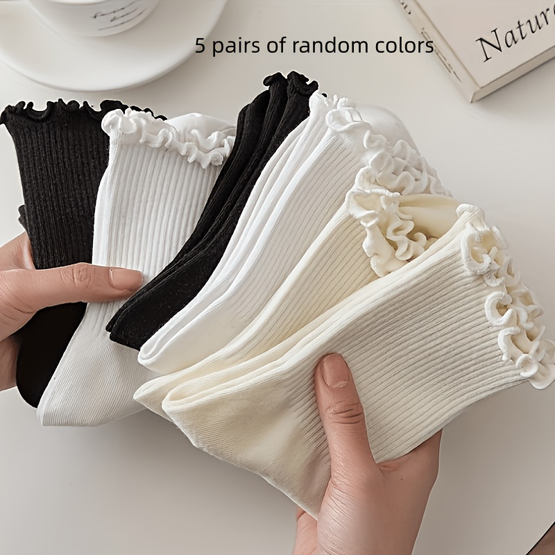 TEMU Random 5 Pairs Of Black Fungus Edge Socks For Women, High Black And White Versatile Jk Japanese Women's Socks With A Middle Ankle, Suitable For