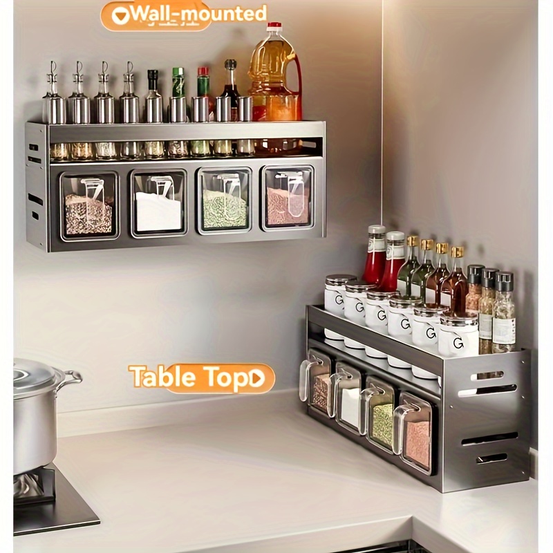 

Wall-mounted Spice Organizer With 3/4 Compartments - No-drill, Polished Aluminum Kitchen Storage Rack For Seasonings & Condiments Spice Rack Spices Organizers And Storage