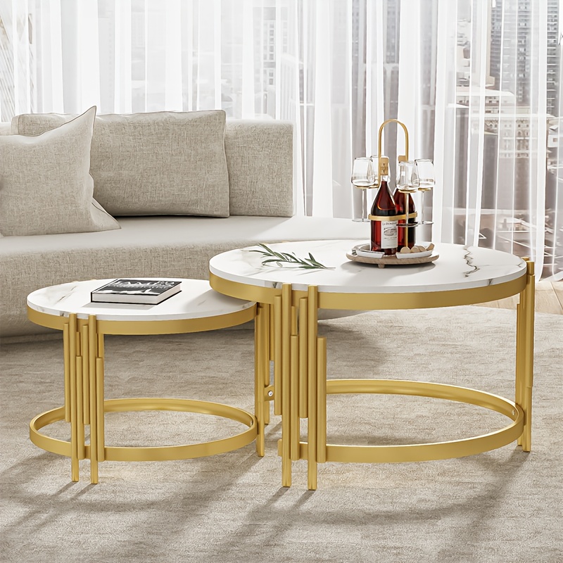 TEMU Set Of Modular Coffee Tables With A Marble End And Golden Metal Frame, Sizes Of Round Tables