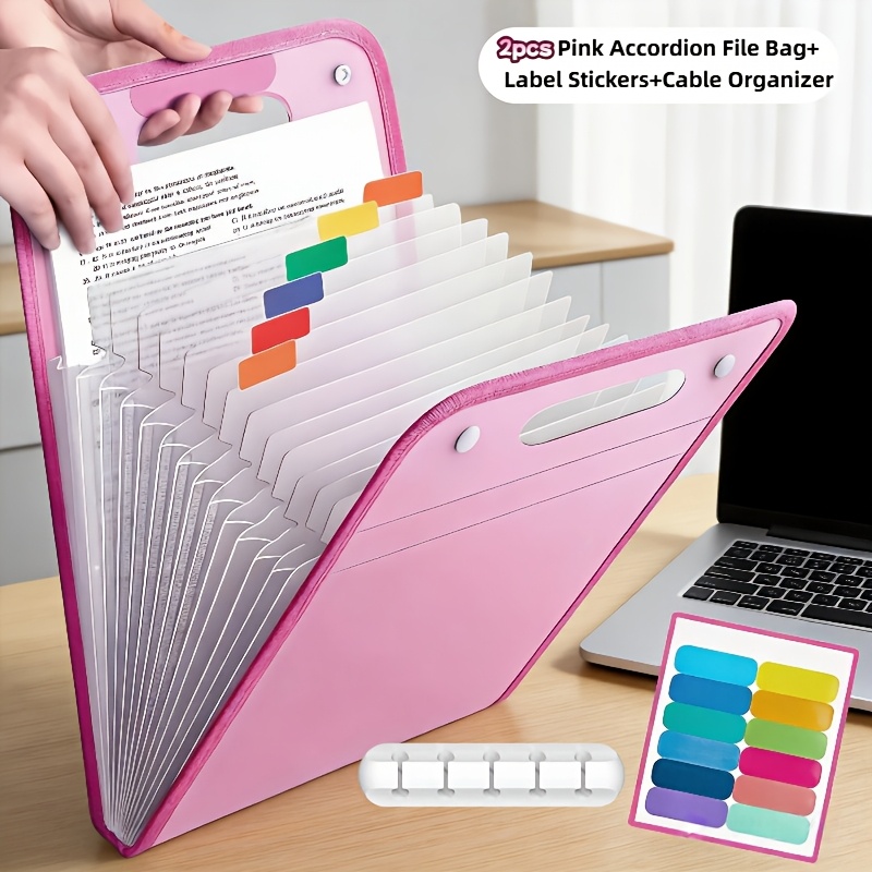Accordion File Folder Set (2pcs File Folders And Classification Labels And Cable Organizer), Perfect For Organizing Supplies, School Essentials, Exam Papers And Documents