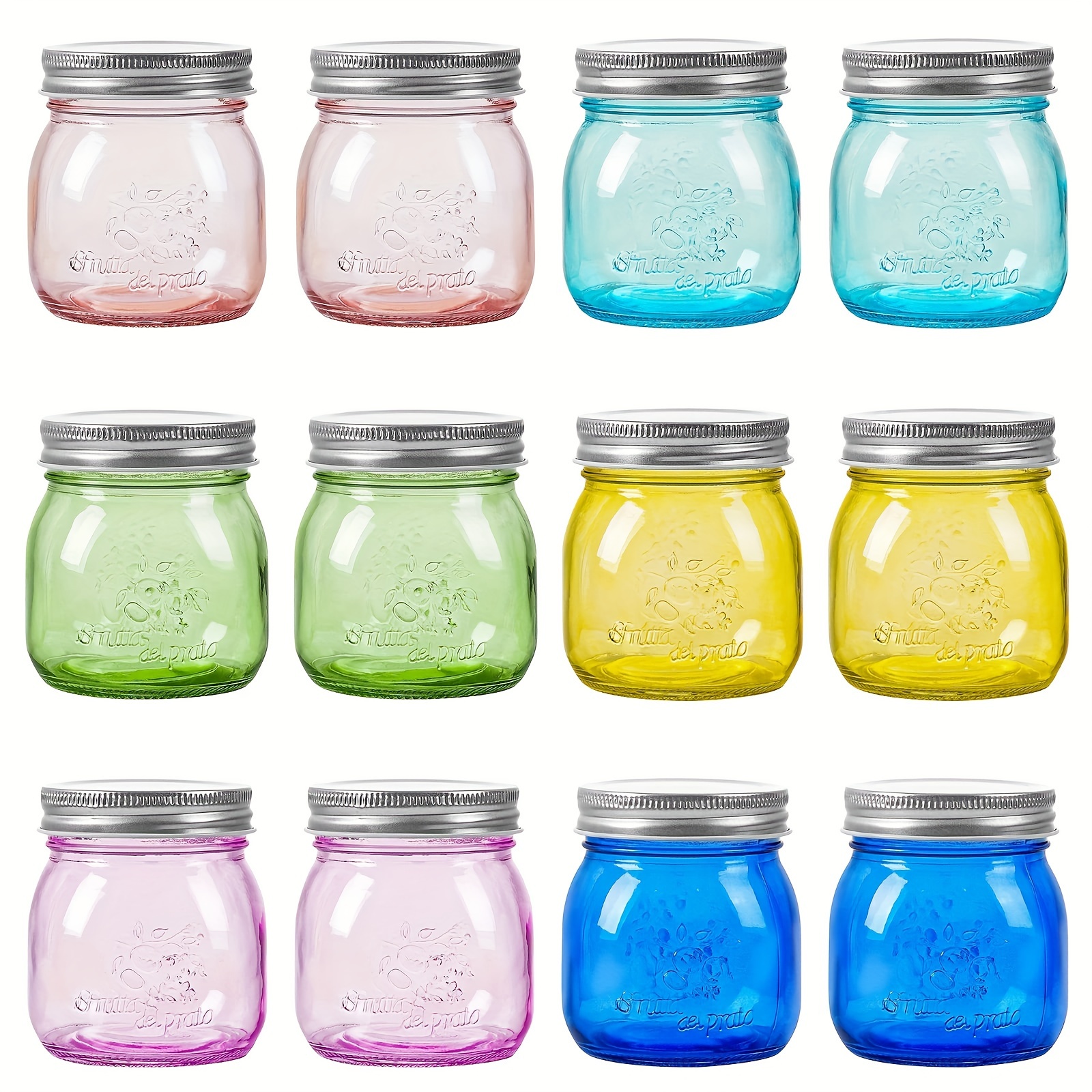 TEMU Set Of 12 Amzcku Colored Mason Jars Featuring Metal Lids - 8oz Airtight Canning Jars, Reusable Regular Mouth Jars Suitable For Jam, Honey,