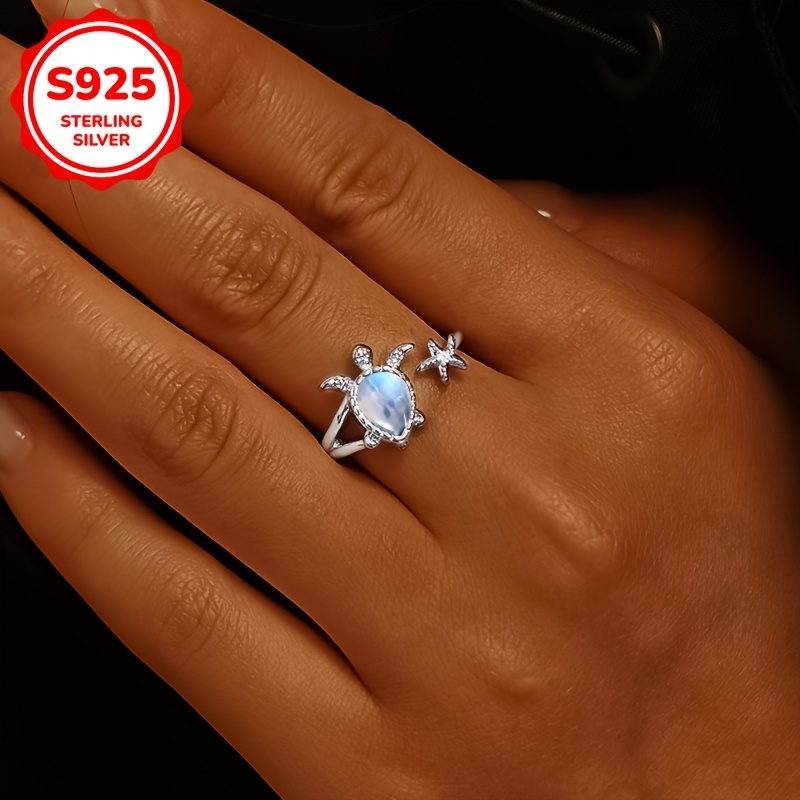 Moonstone Turtle Star Opening Ring S925Silvery 2.5g