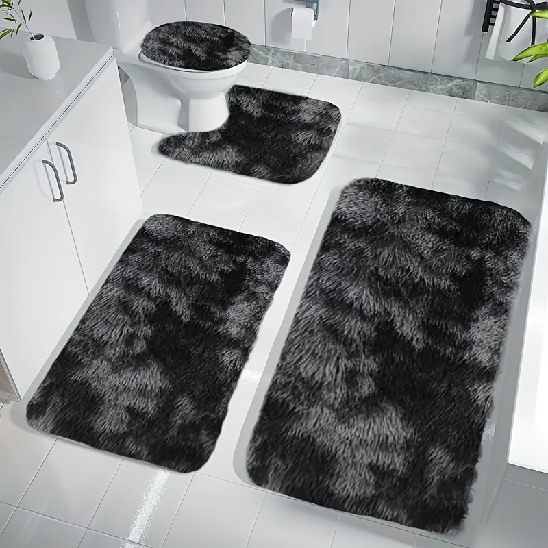 

4pcs Luxurious Fur Bath Mat Set - Soft, Absorbent, Non-slip, , Machine Washable Rectangular Polyester Rugs In Black And Gray Design For Modern Bathrooms, Bathroom Rug