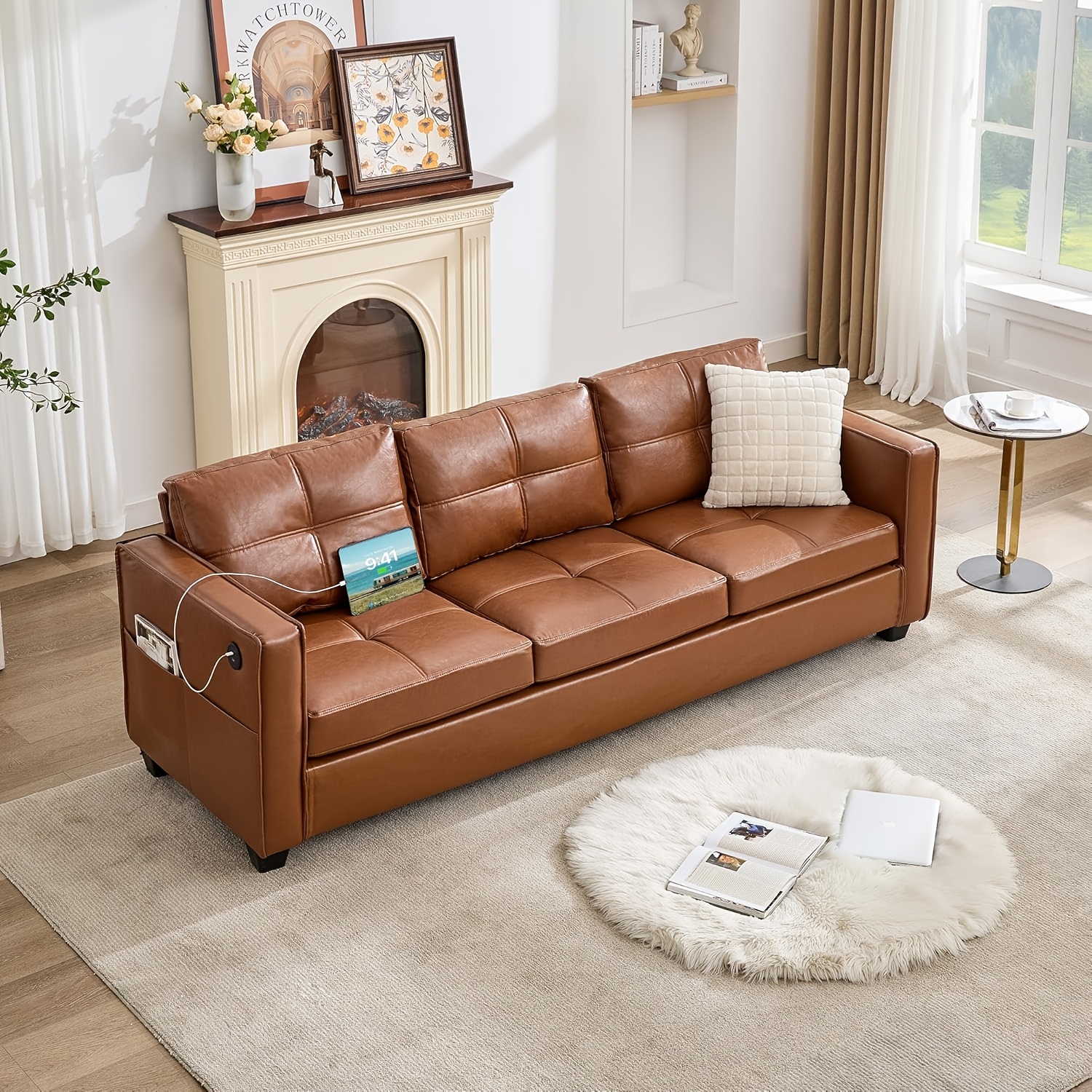88 w faux leather sofas for living room w side pockets tufted   century modern comfortable faux leather couch     3 seater sofa for office apartment bedroom