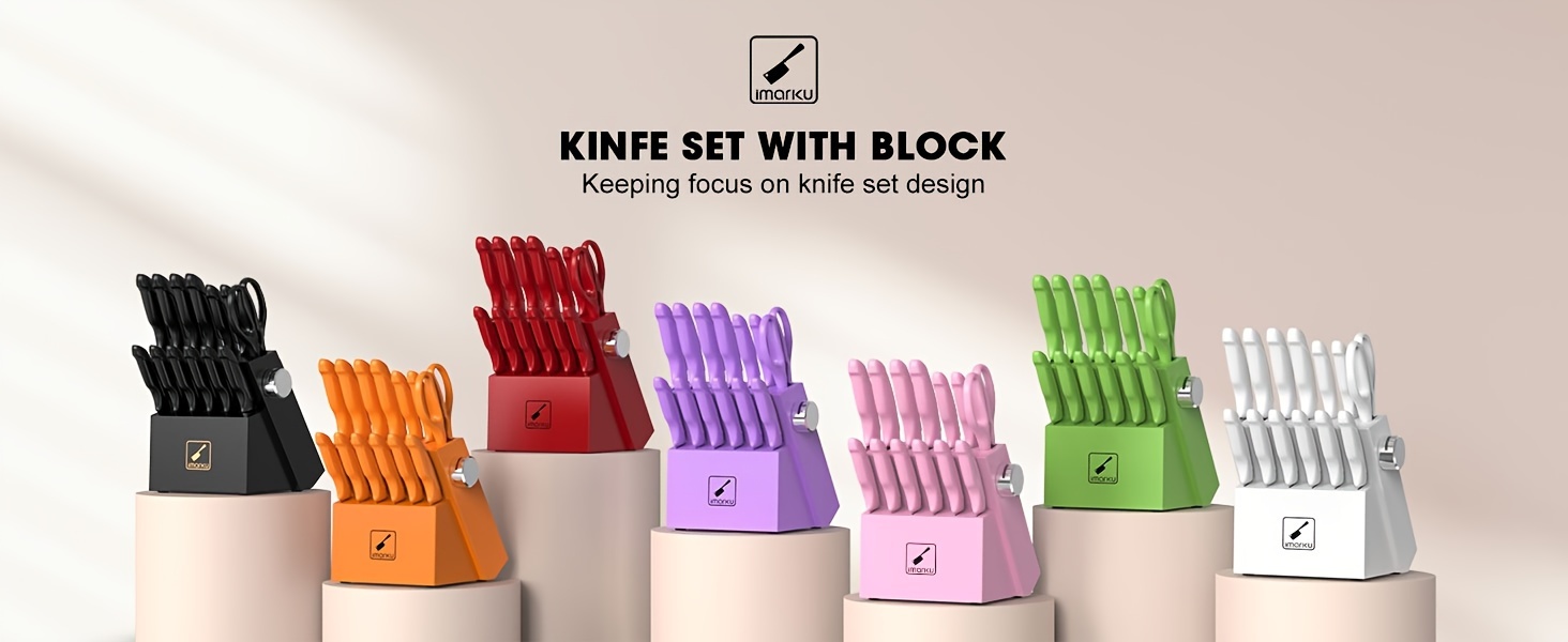 i marku kitchen knife set sharp knife set with built in sharpener stainless steel knife set with block and non slip ergonomic handle dishwasher safe 14 pcs professional knife set for gift purple details 0