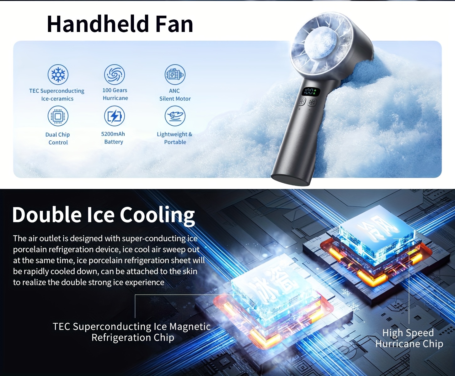 1 Portable USB Rechargeable Hurricane Ice Pack Handheld Fan, 5200mAh, 100 Speeds, with Lanyard, Rechargeable Desktop Mini Fan, Outdoor Camping, Student, Sports, Office Cooling Tool, Ultra-Quiet, Super Strong Wind
