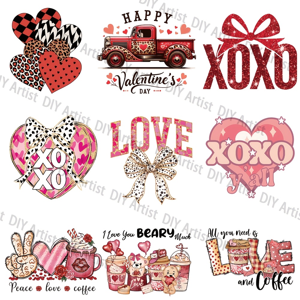 

9pcs Valentine's Day Heat Transfer Vinyl Decals - Pink & Diy Iron-on Transfers For T-shirts, Masks, Jeans, Backpacks, Pillows - Easy, Washable, Decoration Set