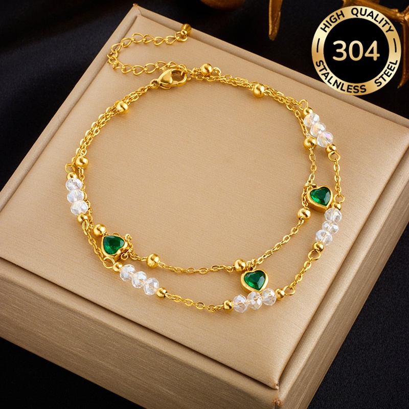 Light Luxury Golden Stainless Steel Ankle Chain, Green Hearts