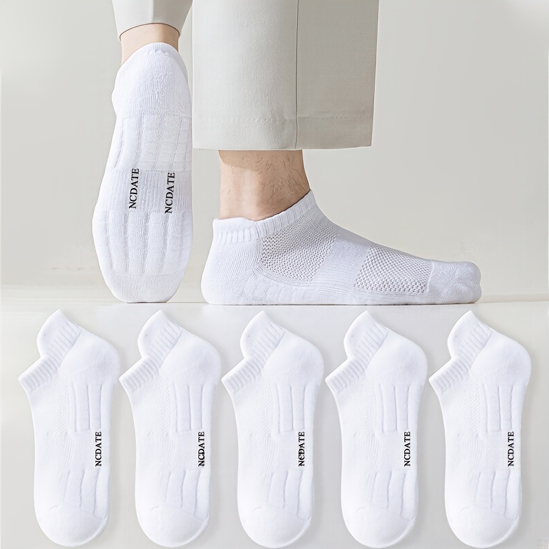 TEMU 5-pair Spring/summer New Style Breathable Sweat-absorbent Simple And Versatile Men's Letter Towel Bottom Unisex Short Socks