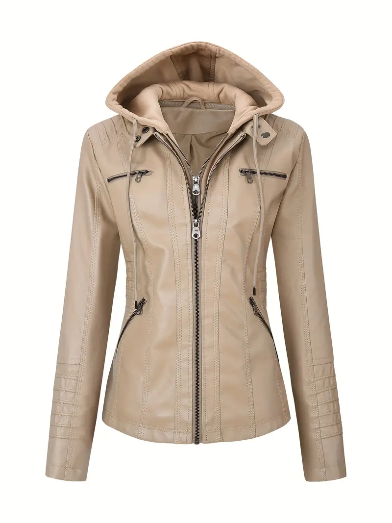 Womens Full Zip Leather Jacket Elegant Brown Winter