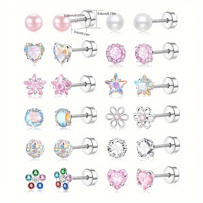 TEMU 24pcs Hypoallergenic Stainless Steel Earring Set For Women - Includes Cartilage, Tragus Studs & Flat With Cubic Zirconia Accents - Casual Attire & Parties