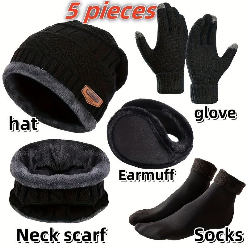 

5pcs Set Autumn And Winter Knitted Hat Plus Fleece Warm Scarf Outdoor Cycling Cold Protection Headgear Hat