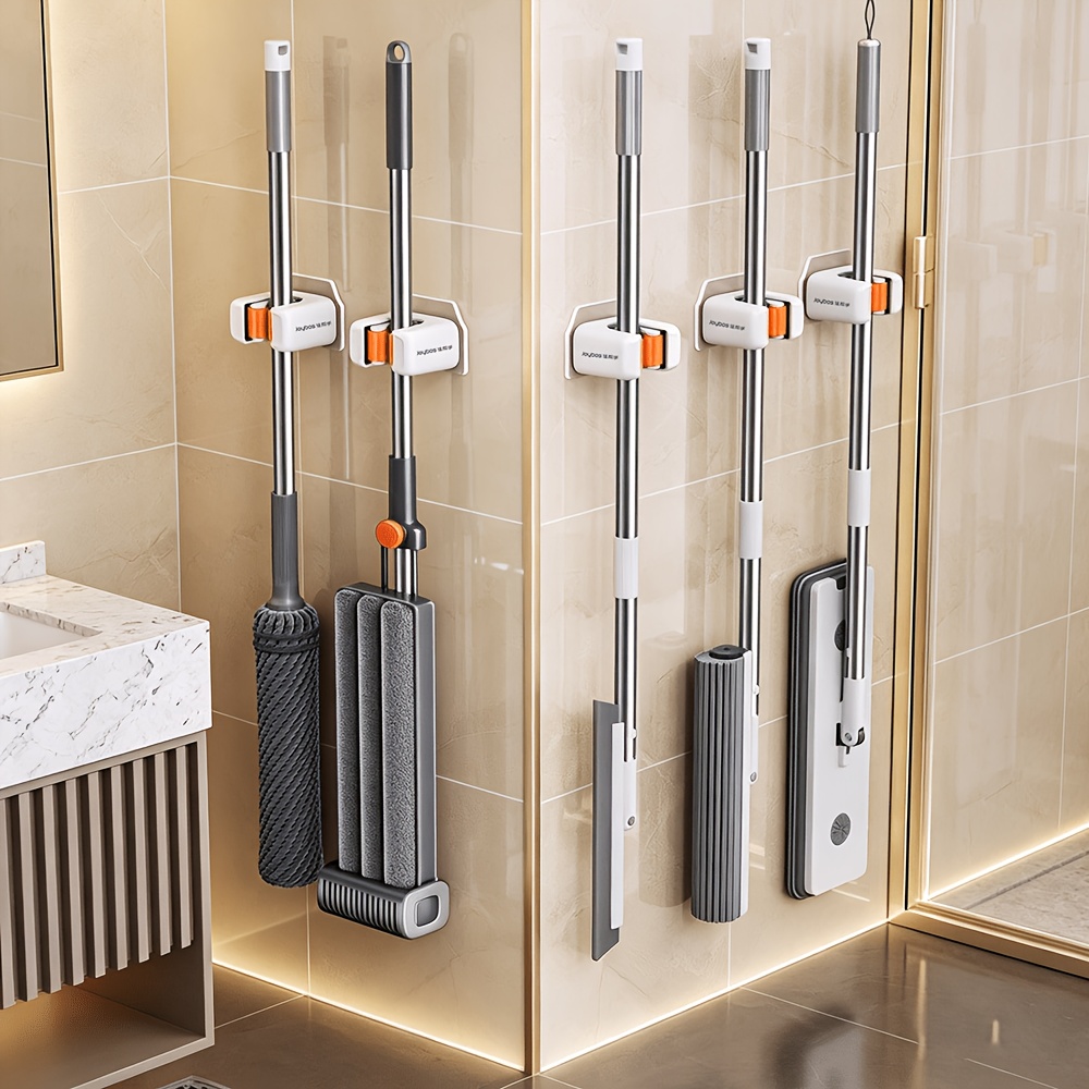 TEMU Joybos Wall Mounted Mop Holder, No Drill Adhesive Broom Organizer, Self Adhesive Wall Storage Rack With Hooks, Cleaning Tool Holder For Kitchen