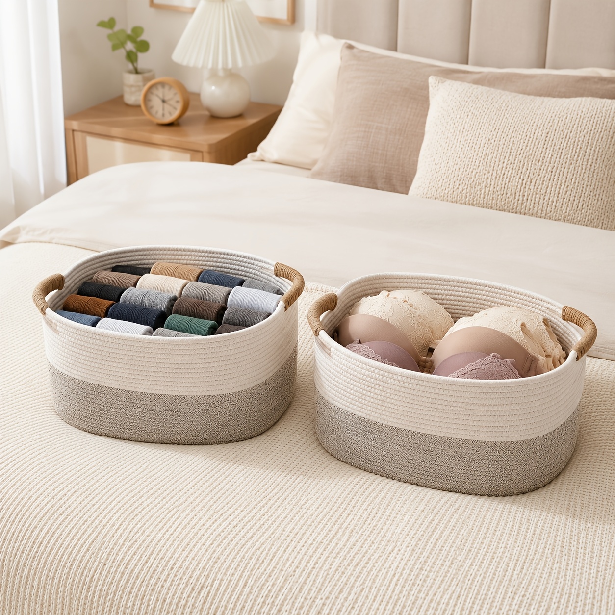 Woven Storage Basket with Handles, Decorative Organizer Bin for Living Room Cabinet, Remote Control Holder, Shelf Storage Basket for Blankets, Towels, Magazines, Books, Entryway And Bedroom Organization, Foldable Rope Basket, Home Decor Basket