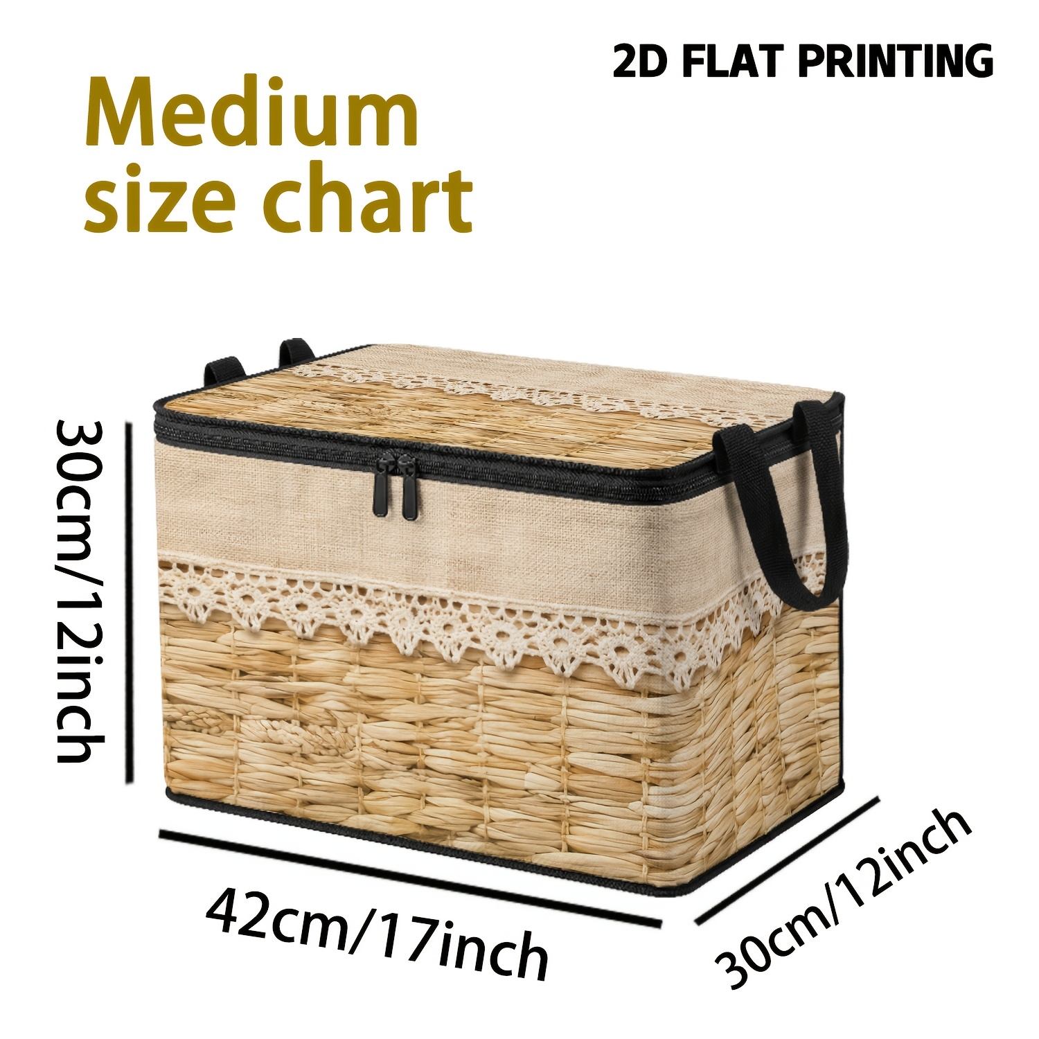 TEMU 1pc Light Beige Woven-straw Texture Lace-print Large-capacity Storage Box, With An Elongated Pattern For Feel. Reinforced Handles And Dual