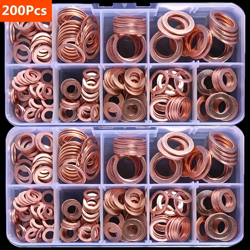 

200pcs Copper Flat Washers Assortment Kit - Solid Copper Washer Set For Oil Drain Plug With Box, Sizes M5/m6/m8/m10/m12/m14 For Bolts & Nuts Sealing