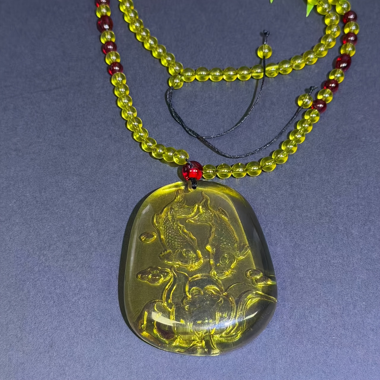 Amber Pendant Necklace with Pisces Engraving