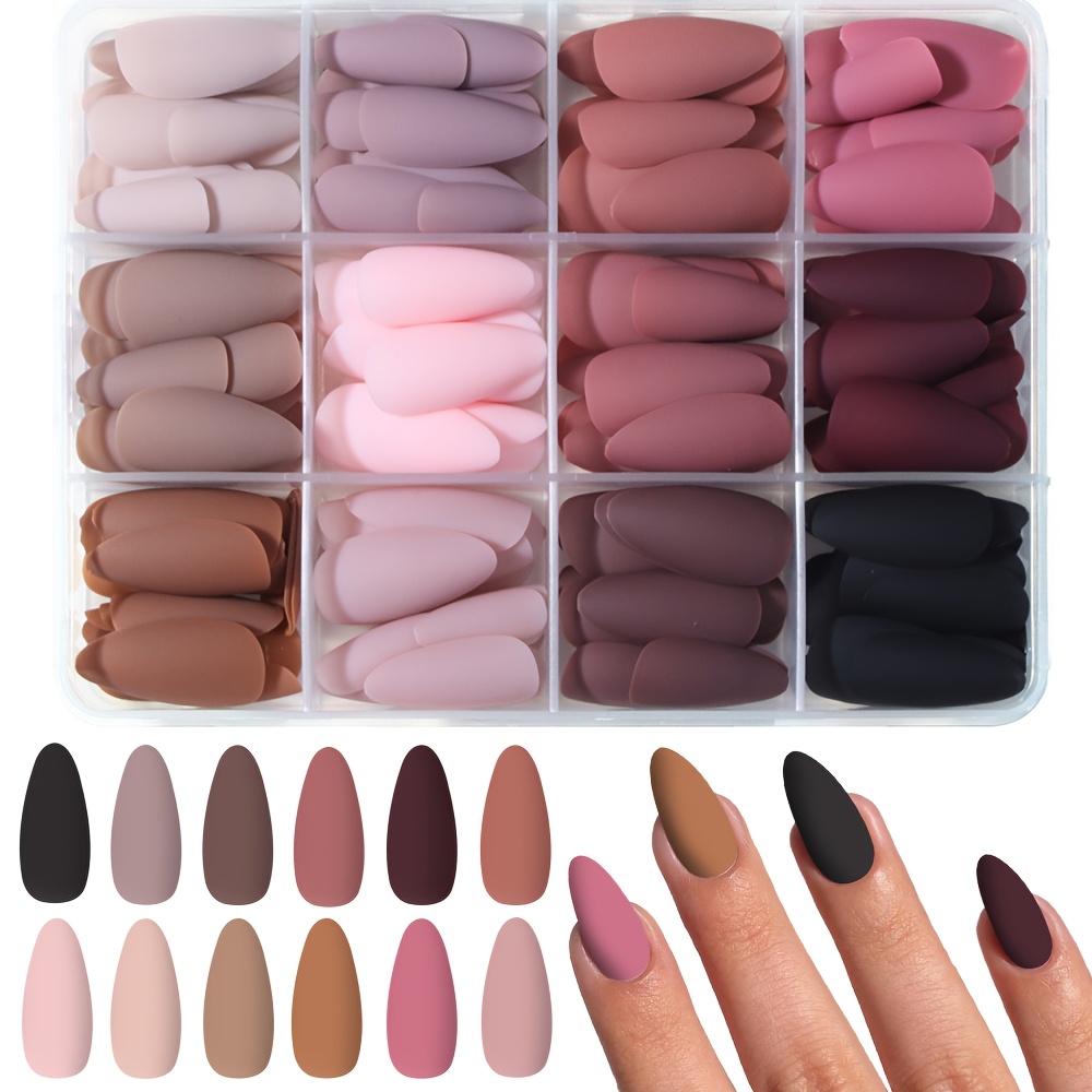 TEMU 288pcs Medium Coffin Press-on Nails, Matte Solid Color Fake Nail Tips With 24 Neutral Earthy And Pink Shades, Full Cover Plain Nail Base For