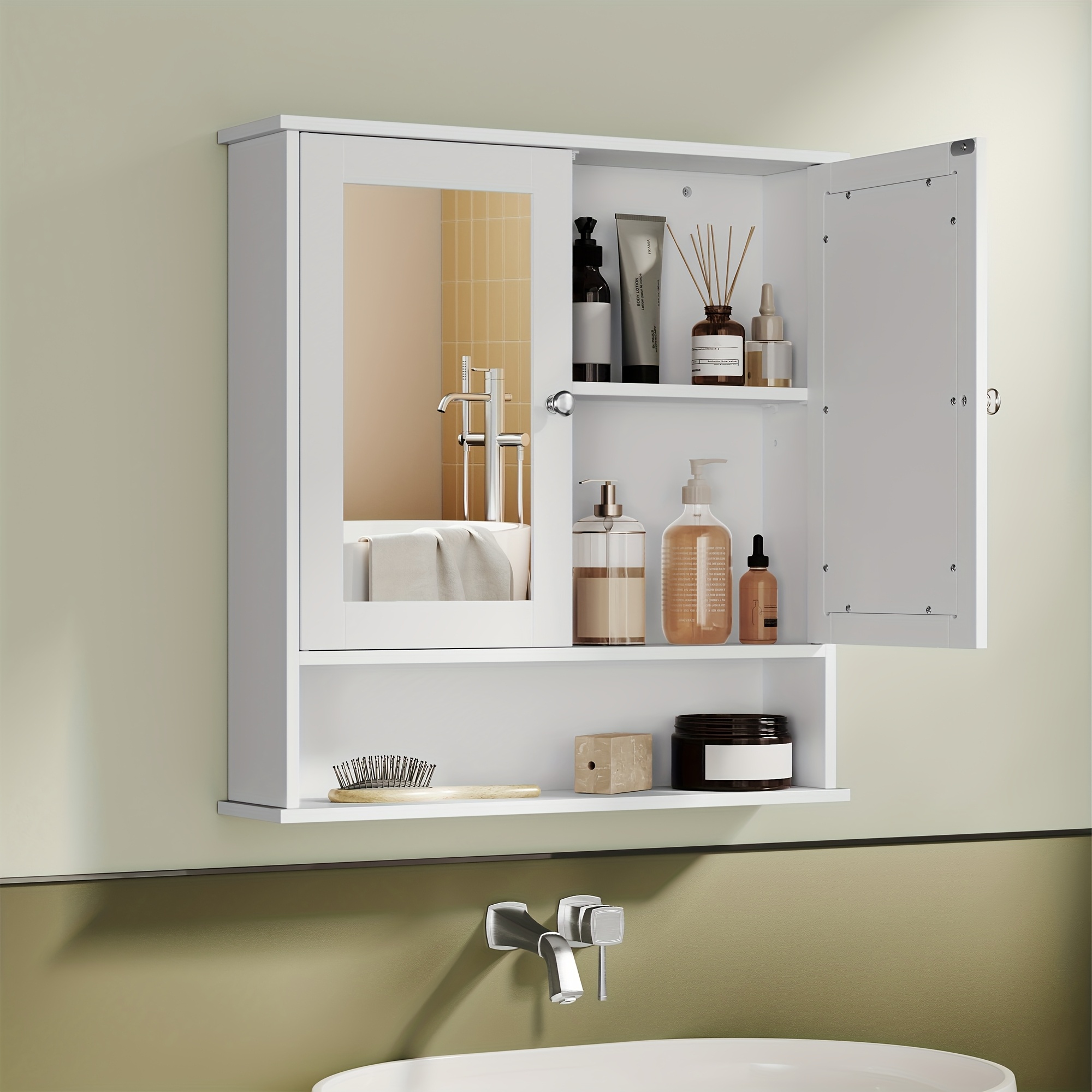 Image of Mirror Cabinet, Bathroom Cabinet, Wall Cabinet, Hanging Cabinet With 2 Mirrored Doors And Open Compartment, Wall Mounting, 13 X 56.5 X 58.5cm, White