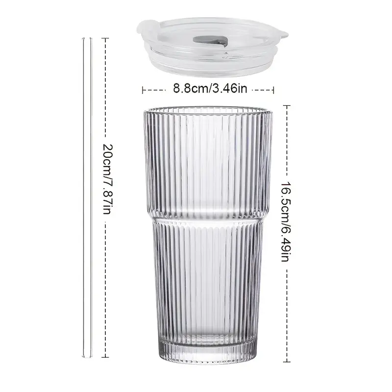 1 2 ins large capacity reusable glass cup with leak proof lid straw vertical striped design oval shape for hot cold beverages modern drinkware for coffee home holiday gifts office drinkware stylish beverage container hand wash only tea Product details 7