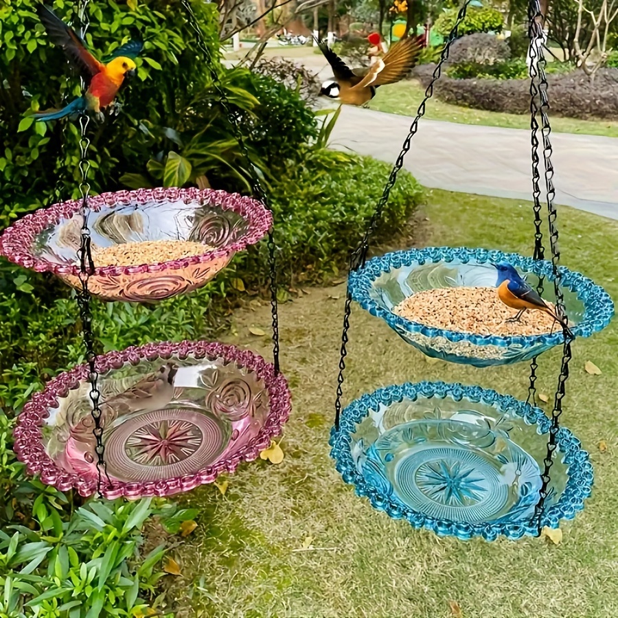 

Bird Feeder And Bath Combo, Flower Shaped Hanging Outdoor Garden Decor, 2-layer Pp Plastic, No Battery Required - Bird Supplies