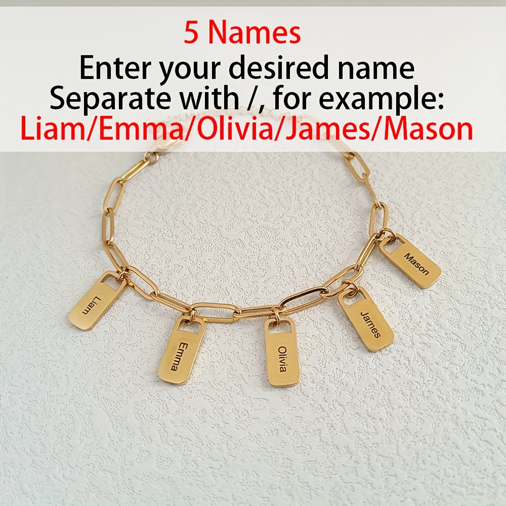 TEMU Bracelet de mode carré personnalisé avec étiquette, en acier inoxydable plaqué or , gravé avec des lettres anglaises, bracelet à pince à épiler
