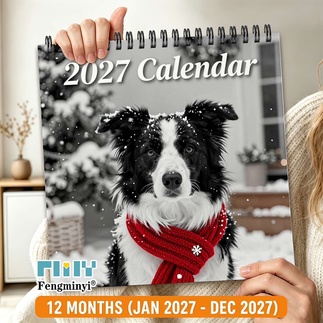 TEMU 2d Flat Planner, 1 Book, 2027 Wall Calendar, 2027 Border Collie Wall Calendar, 12-month Hanging Calendar, Double-wire Spiral Binding, Large