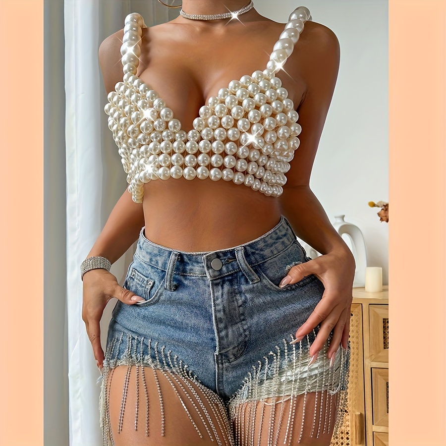 Sexy Imitation-Pearl Top Chest Bra Lingerie Chain Women Summer