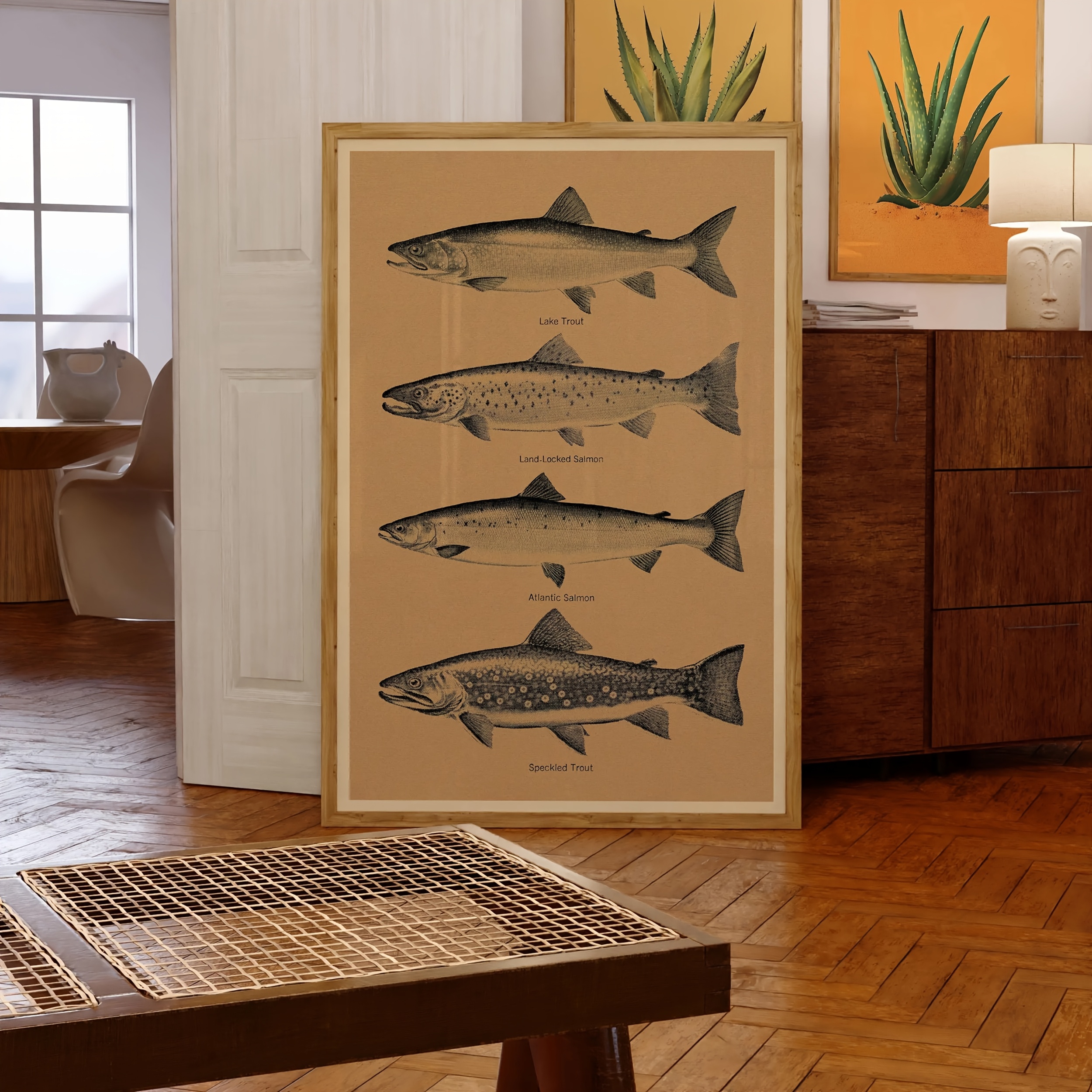 TEMU 2d Flat, 2d Flat, 1pc Frameless Canvas Poster, Vintage Art, Trout Salmon, Outdoor Fishing Poster Print, Wall Art Canvas Painting, Bedroom Living