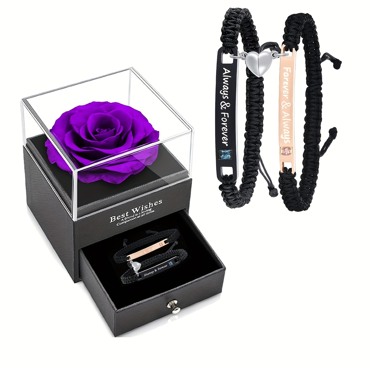 

Couple Bracelets, His & Hers "forever & Always" Matching Bracelets With Heart Charm, Stainless Steel And Black Rope, Adjustable, With Soap Flower Jewelry Box For Valentine's Day