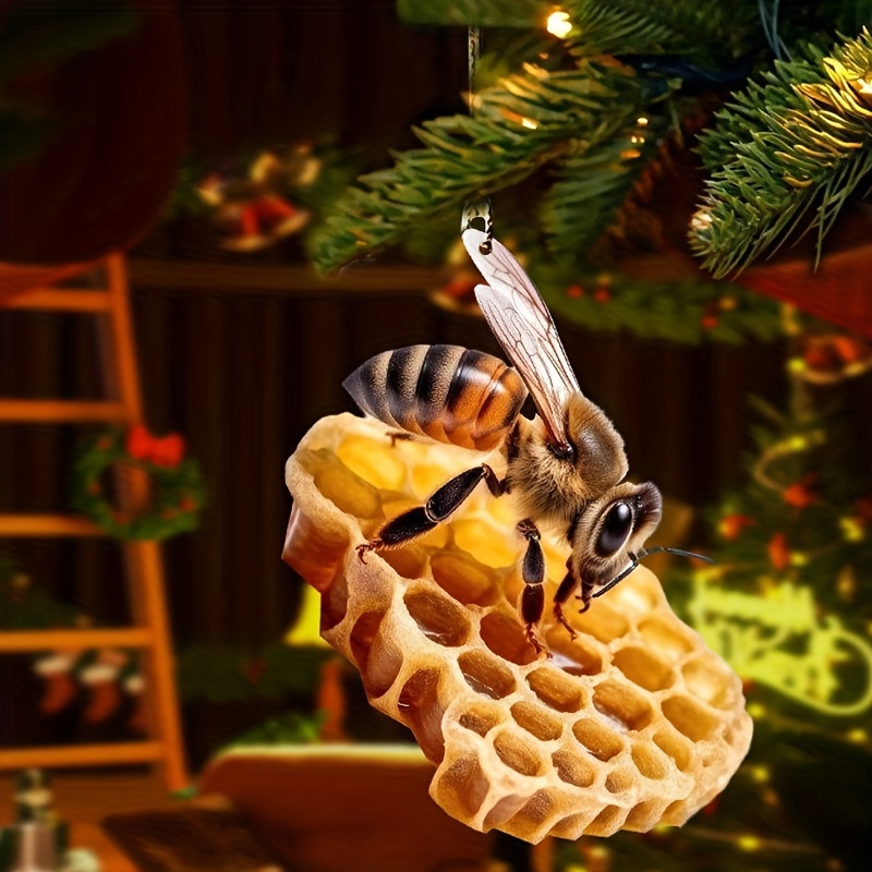 

1pc Beehive Theme Acrylic Car Hanging Ornament, 2d Bee Decorative Accessory For Christmas Stocking, Vehicle Interior Decor, Material