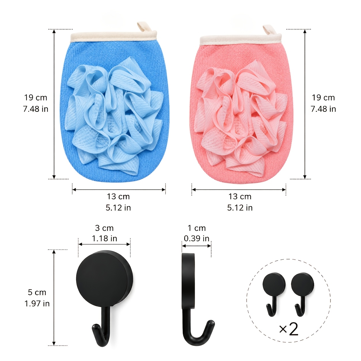 Bath Loofah Gloves with Black Round Hooks, 3D Mesh Design