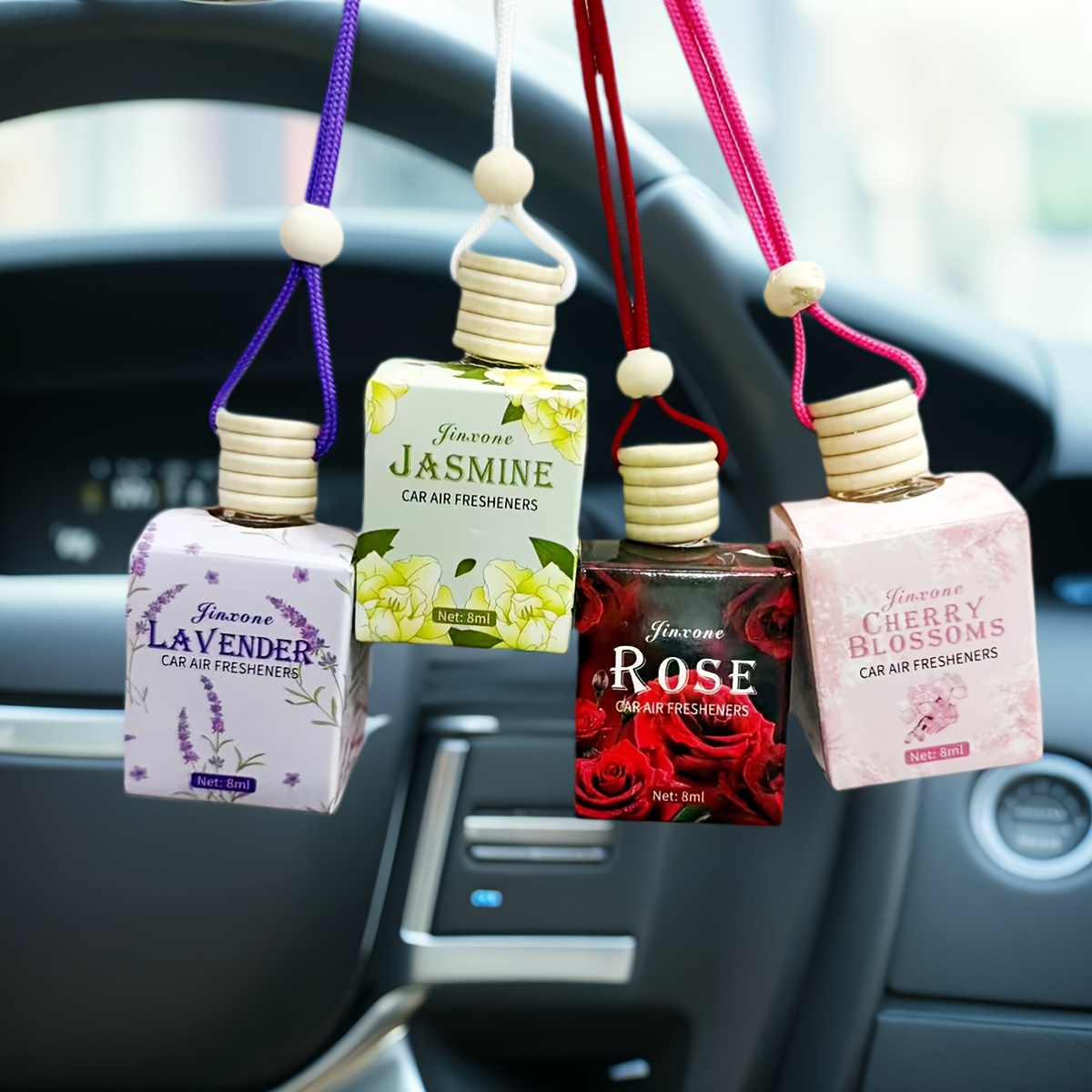 4-pack Floral Car Air Fresheners | Rose, Sakura, Lavender, Jasmine - Vehicle With Long-lasting