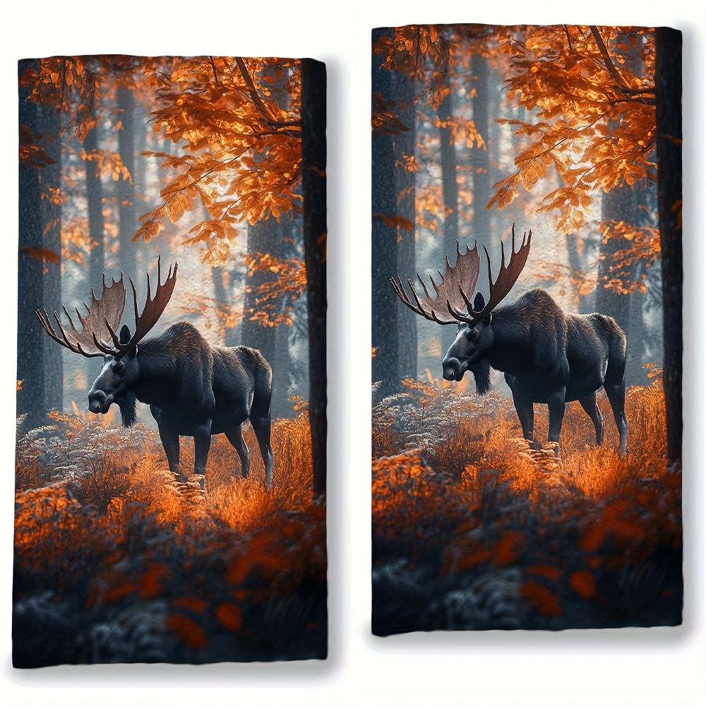 TEMU 2pcs, Kitchen Towels Ultra Soft, A Moose Browsing For Leaves In Forest, Ultra Soft, Highly Absorbent Dish Hand Towels For Holiday Decor, Machine