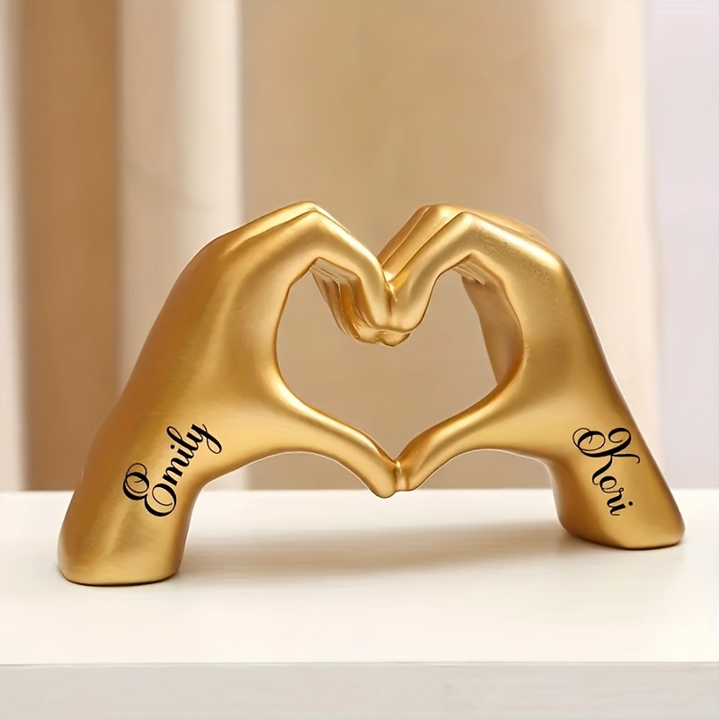 TEMU [customizable] Resin Material Home Desktop Hands Heart Sculpture Ornament, Custom Text - Ideal Gift For Family, , Or Lovers, Suitable For