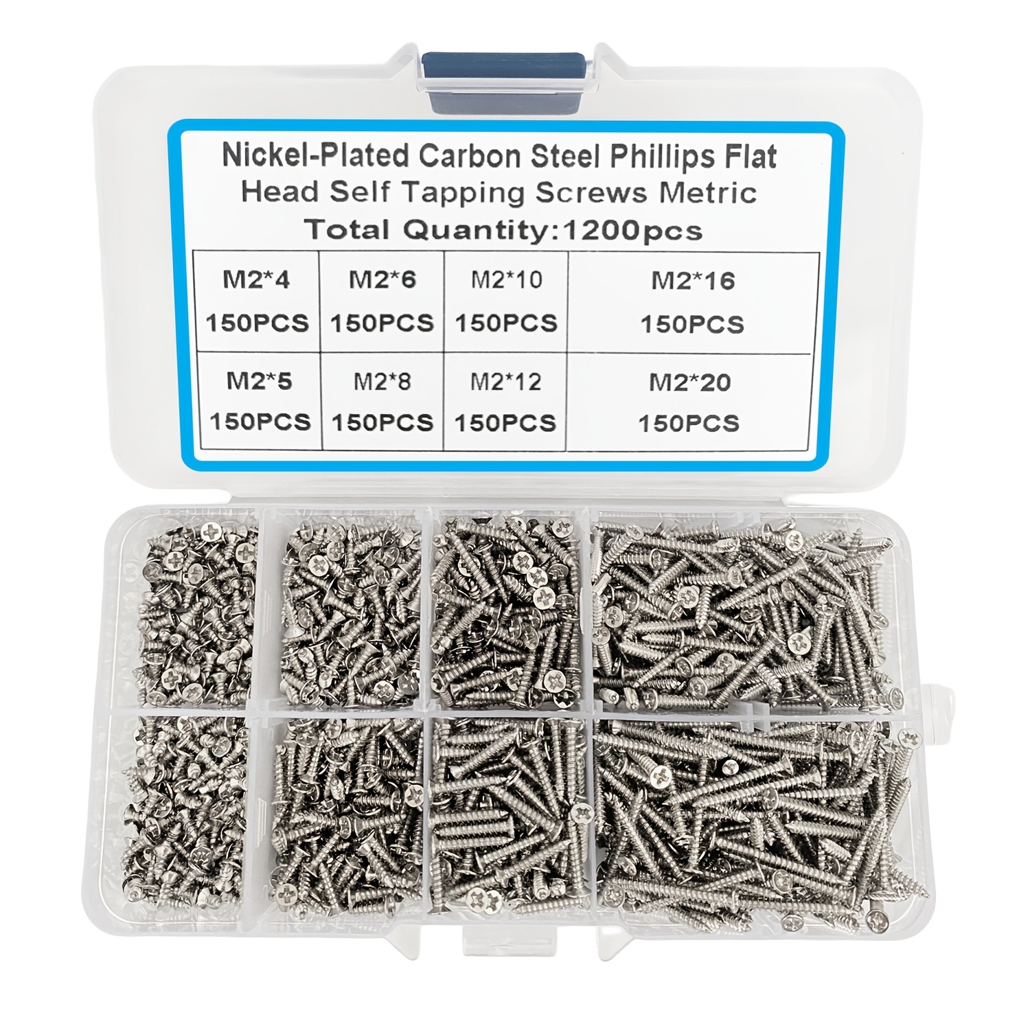 Image of 1200pcs M2 Miniature Self-tapping Screw Combination Kit, Carbon Steel, Phillips Wood Screws, Size Length 4mm-20mm, Suitable For Fastening Thin Wood Boards And Diy Projects