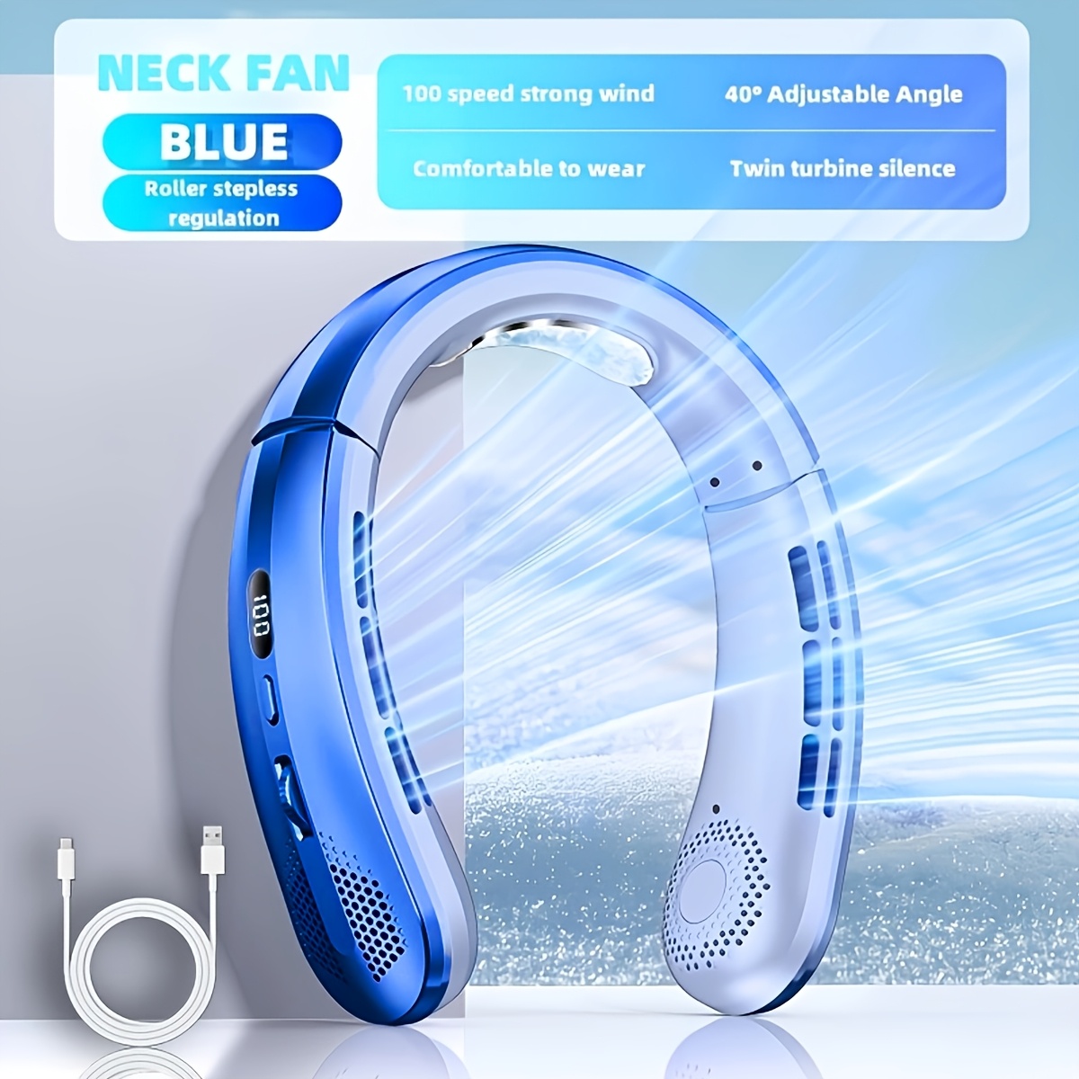 Image of 360° Air Conditioning Fan, Wearable Personal Fan With 2 Outlets, Powerful Airflow, Digital Display Screen, Five-, Long , Non-slip Design, , -resistant, Supports Usb-c Charging