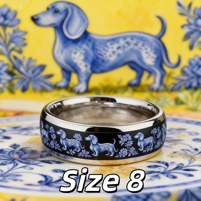 Blue Porcelain Dachshund Pattern Stainless Steel Ring, Floral Design