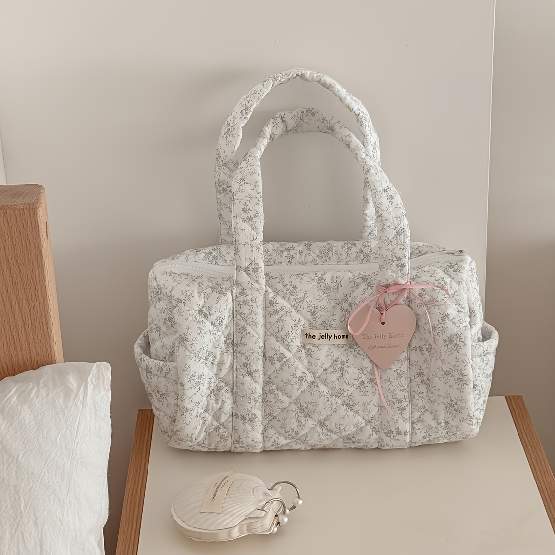 TEMU Sac à main en tissu floral, sac de rangement doux, sac de rangement de voyage de grande capacité matelassé diamant pastoral français, sac de