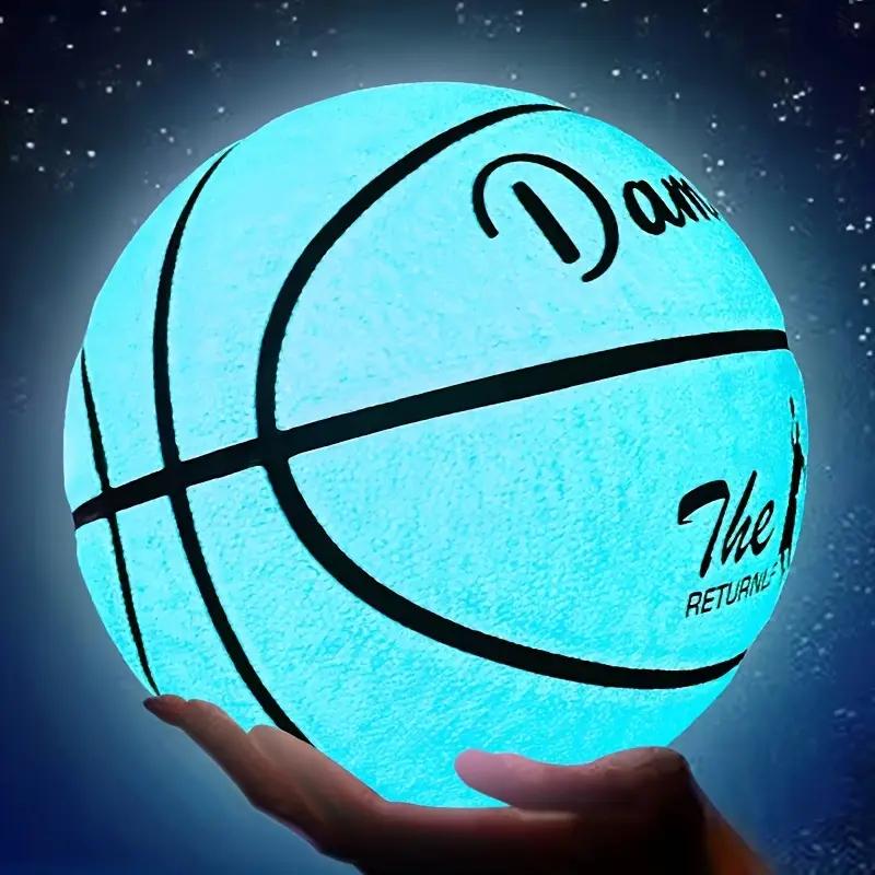 damengx glow in the dark basketball 9 6 inch adult size uncharged pu material anti slip official size 7 outdoor indoor basketball with nylon wrap yarn and butyl liner without battery details 5